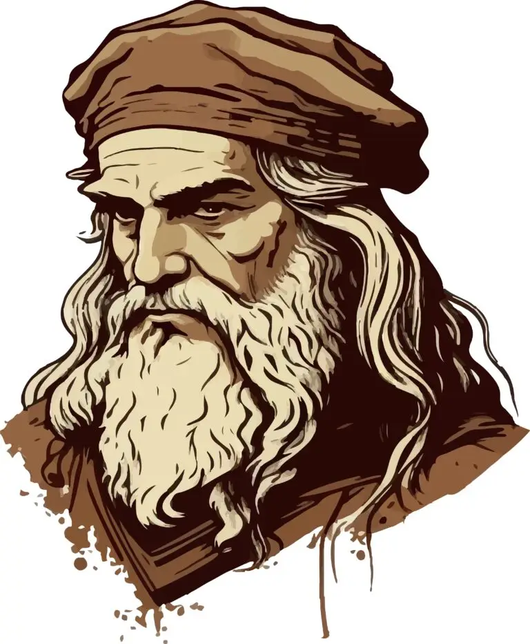 Illustration of Leonardo da Vinci, a prominent figure of the Renaissance, with distinctive long beard and Renaissance attire.