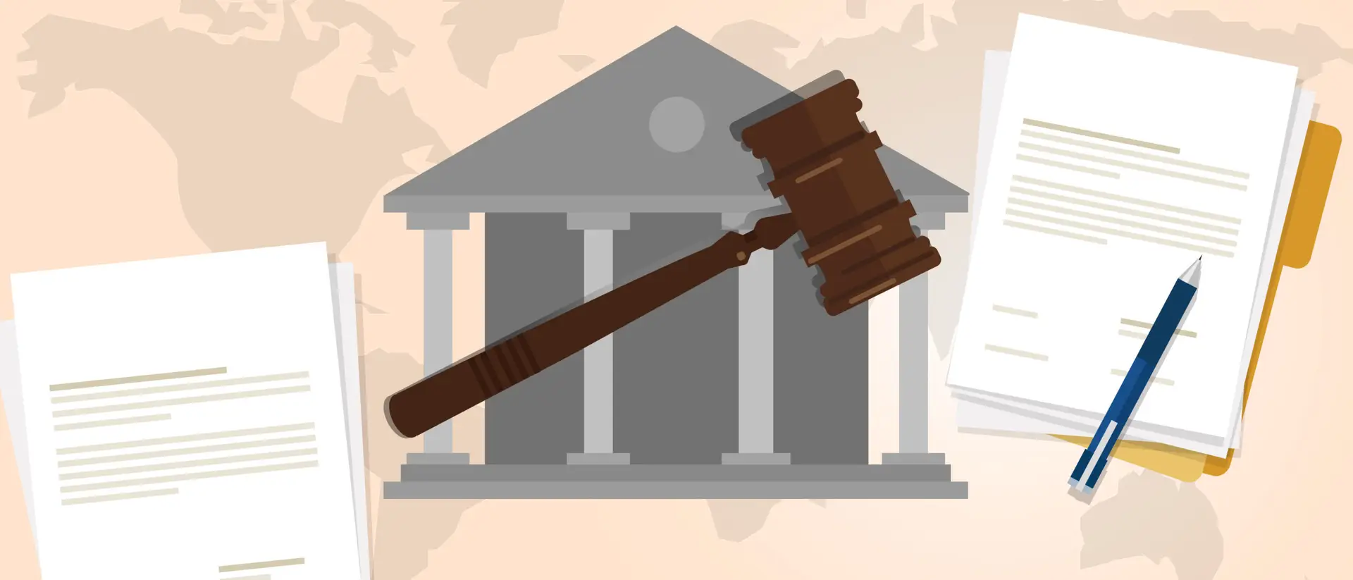 Illustration depicting elements of the legal system, including a gavel, courthouse, and legal documents.