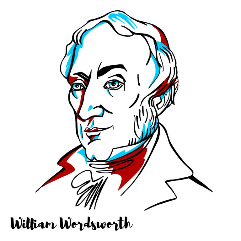 Stylized portrait of William Wordsworth with selective color highlights.