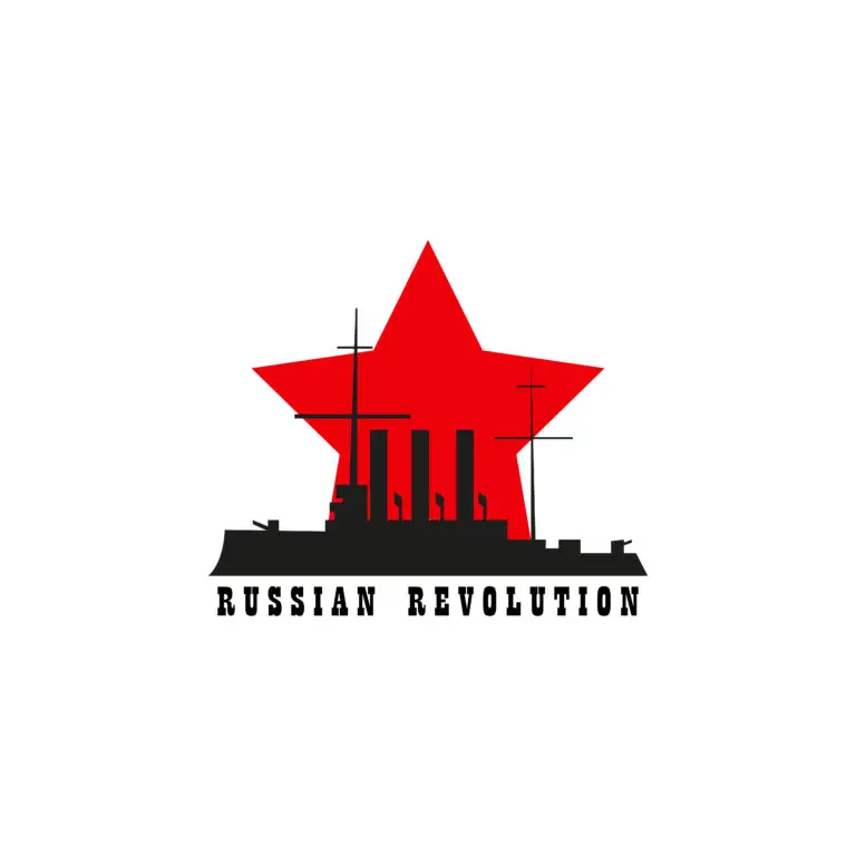 Graphic symbol for the Russian Revolution featuring a red star and silhouette of the Winter Palace.