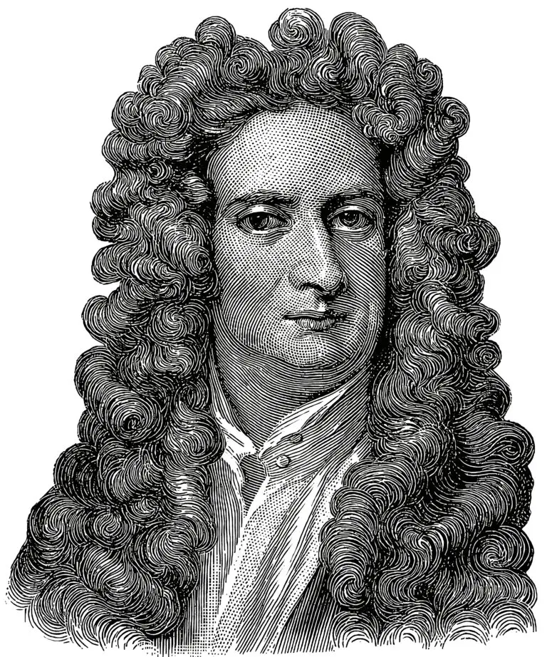 Engraving of Sir Isaac Newton with voluminous, curly hair.