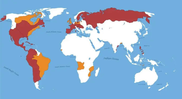 A world map highlighting territories involved in the Seven Years' War. Various nations are color-coded to indicate their participation or colonies.