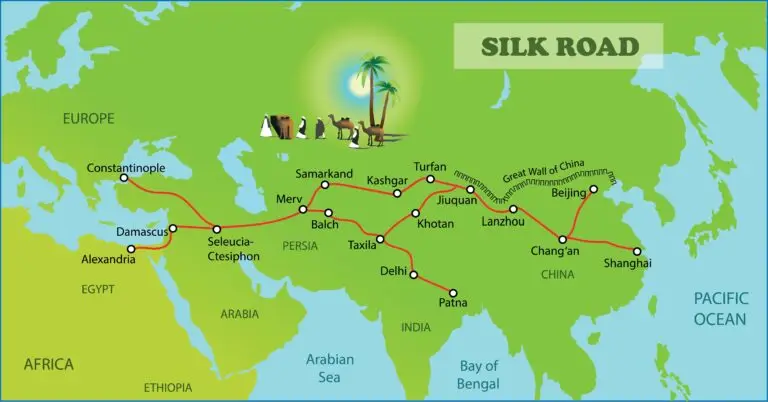 Map showing the Silk Road connecting Asia with Europe.