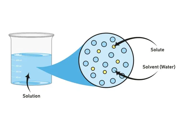 Illustration of a beaker containing blue liquid labeled 'Solution' with a zoomed-in view showing individual solute particles dispersing in a solvent (water).