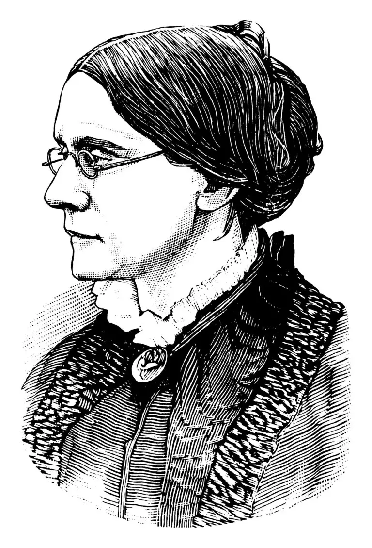 Engraved black and white profile portrait of Susan B. Anthony, a prominent figure in the Suffrage Movement, featuring her in glasses with her hair in a bun, wearing a high-collared dress and a brooch.