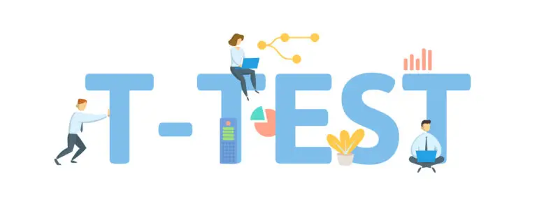 Illustration of the term "T-TEST" in large blue letters with cartoon figures interacting with the letters. One person pushes the first "T", another sits on the second "T" working on a laptop, a third analyzes a graph on the "E", and a fourth sits below the last "T" with a bar chart above their head. There are also a calculator and plant symbolizing data analysis and growth.