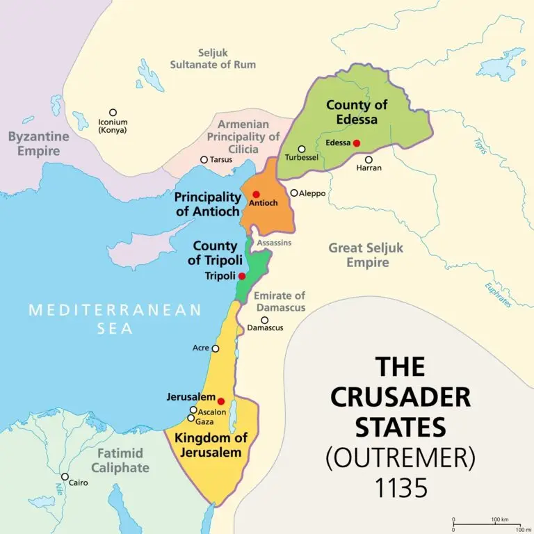 Map of the Crusader states in 1135, showing the Kingdom of Jerusalem, County of Tripoli, Principality of Antioch, and County of Edessa surrounded by the Byzantine Empire, Seljuk Sultanate, Armenian Principality, Fatimid Caliphate, and the Great Seljuk Empire.