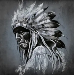 Artistic rendering of a Native American man in profile, wearing a traditional feathered headdress.