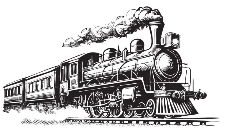 Black and white illustration of a classic steam locomotive pulling passenger cars, emitting a plume of smoke, indicative of the type used during the era of the Transcontinental Railroad.