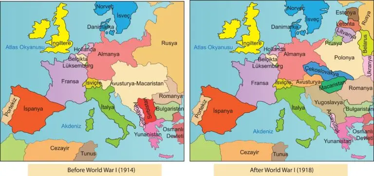 Two side-by-side maps depicting Europe before World War I in 1914 and after World War I in 1918. Country borders and names are highlighted, showing notable changes in territorial boundaries post-war, with the names written in Turkish.