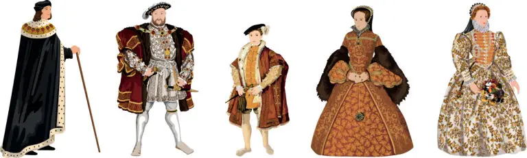 Illustration showcasing five monarchs of the Tudor Dynasty in regal attire. From left to right, Henry VII in a black robe with a scepter, Henry VIII in ornate red and gold garments with a sword, Edward VI as a young boy in gold and white, Mary I in a rich brown dress with fur trim, and Elizabeth I in an elaborate white gown with gold embellishments.