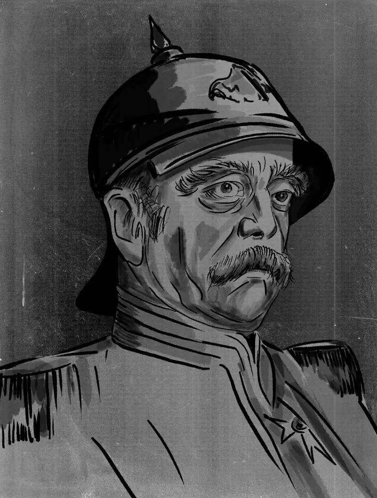 Monochromatic illustration of Otto von Bismarck wearing a military uniform and pickelhaube helmet, symbolizing his role as a Prussian statesman.