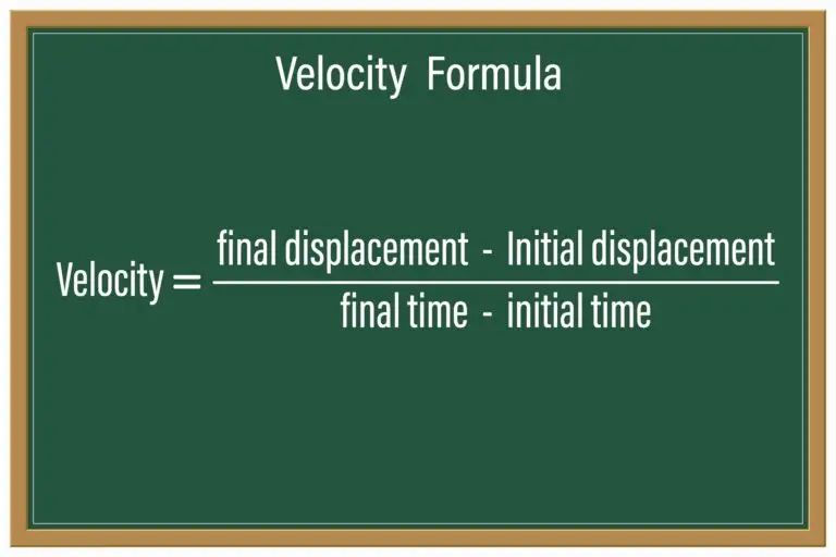 Image of a chalkboard with the velocity formula written on it. The formula is depicted as 'Velocity equals final displacement minus initial displacement, divided by final time minus initial time.'