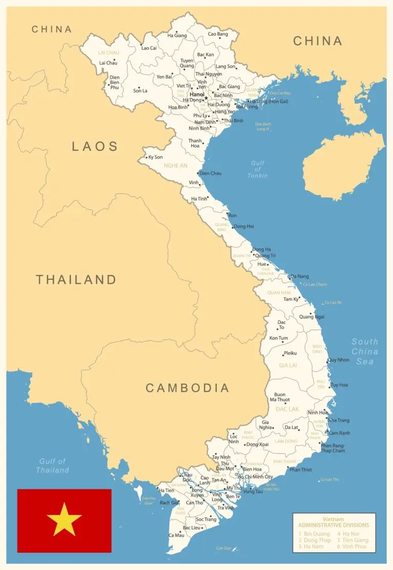 A detailed map of Vietnam showing various cities, administrative divisions, and neighboring countries, with the Vietnamese flag at the bottom left corner.