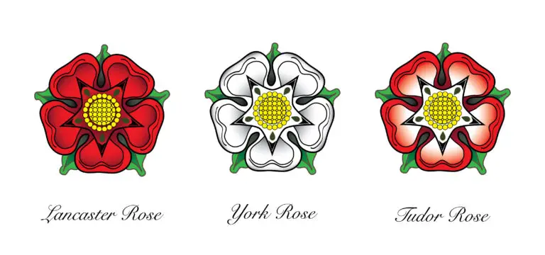 Three stylized roses representing the houses involved in the War of the Roses: the red Lancaster Rose, the white York Rose, and the combined red and white Tudor Rose.