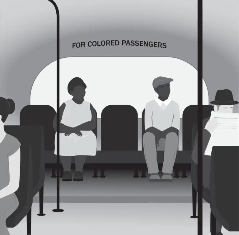 Illustration depicting a segregated bus interior with a sign reading "FOR COLORED PASSENGERS" above two African American individuals sitting apart from white passengers.