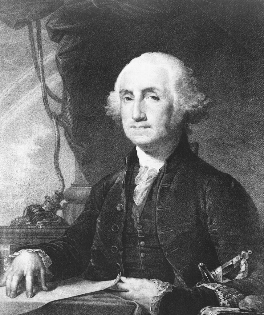 A black and white portrait of George Washington, the first President of the United States, seated in formal attire with his hand resting on a document and a sword at his side.