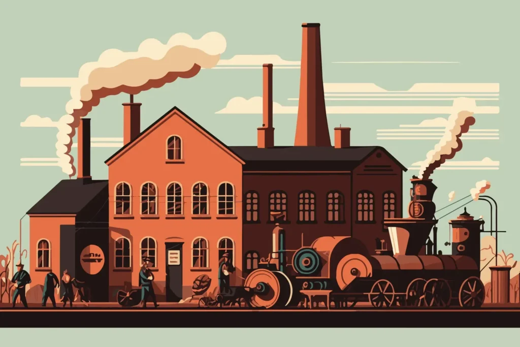 An illustration of a factory from the Industrial Revolution era, with workers outside, steam engines, and large chimneys emitting smoke into the sky.