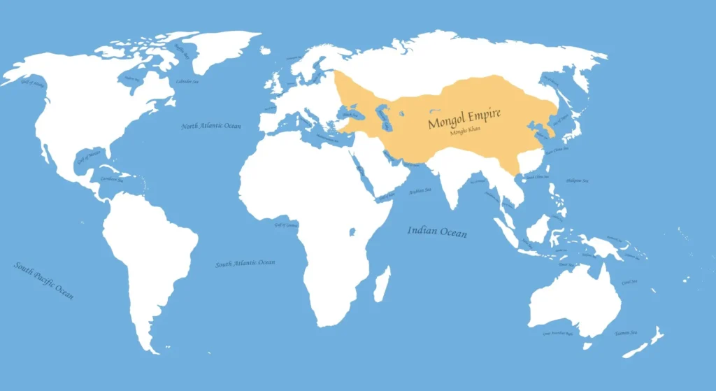 A world map highlighting the extent of the Mongol Empire under Möngke Khan, with the empire's territory shaded in yellow, spanning parts of Asia and Europe.