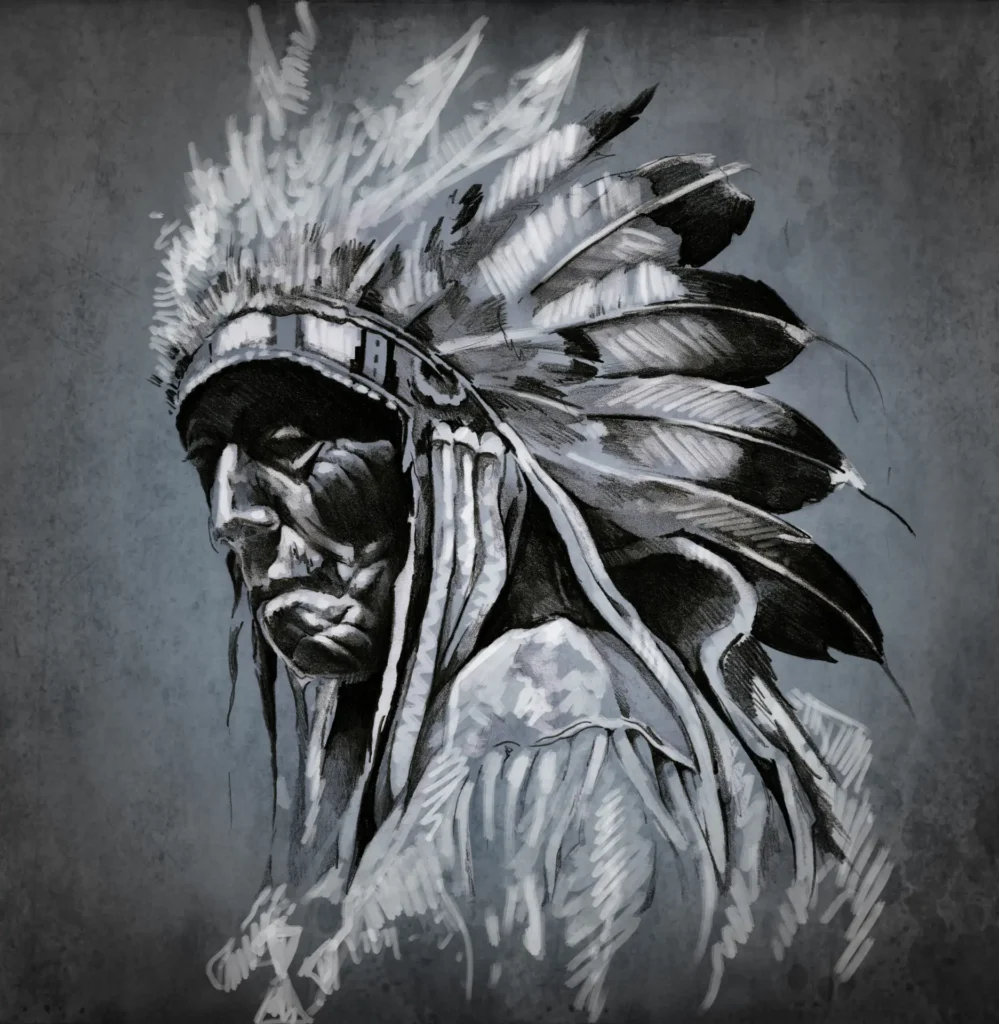 Artwork depicting a Native American chief in a feathered headdress, symbolizing the history and sorrow of the Trail of Tears, where Native American tribes were forcibly relocated