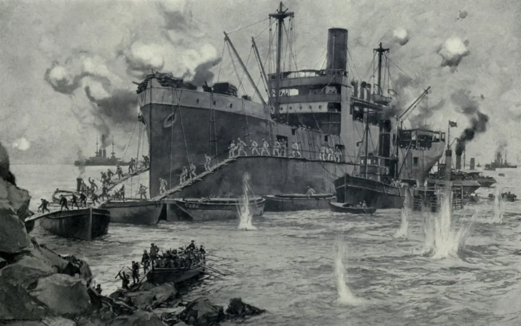 A black-and-white illustration of World War I troops disembarking from a large military ship onto smaller boats amid gunfire, with other ships visible in the background.