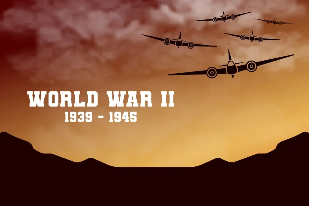 A silhouette of World War II aircraft flying in formation with the text "World War II 1939-1945" in bold letters against a dramatic sunset sky.