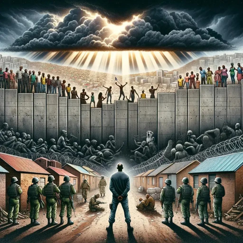 A symbolic depiction of apartheid showing a divided society with a tall concrete wall separating people, highlighting the stark contrast between suffering and freedom on each side.