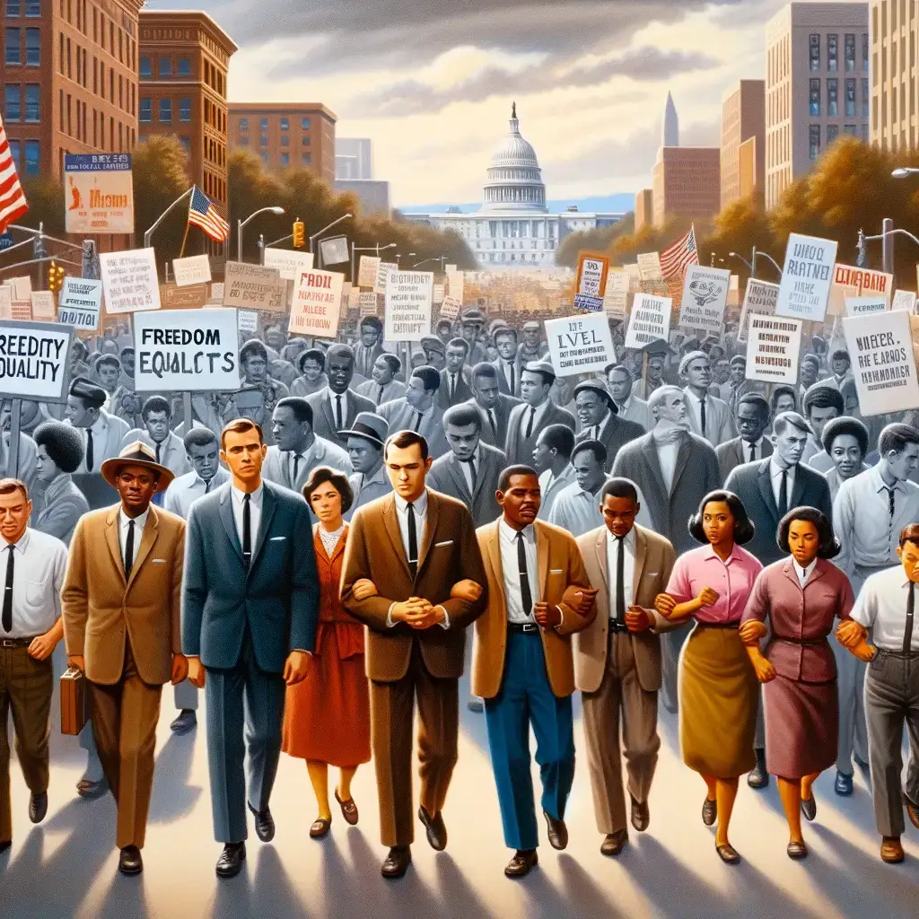 A large group of people, led by diverse individuals arm-in-arm, marching in protest during the Civil Rights Movement, with the U.S. Capitol building visible in the background. Protesters hold signs with messages advocating for freedom, equality, and justice.