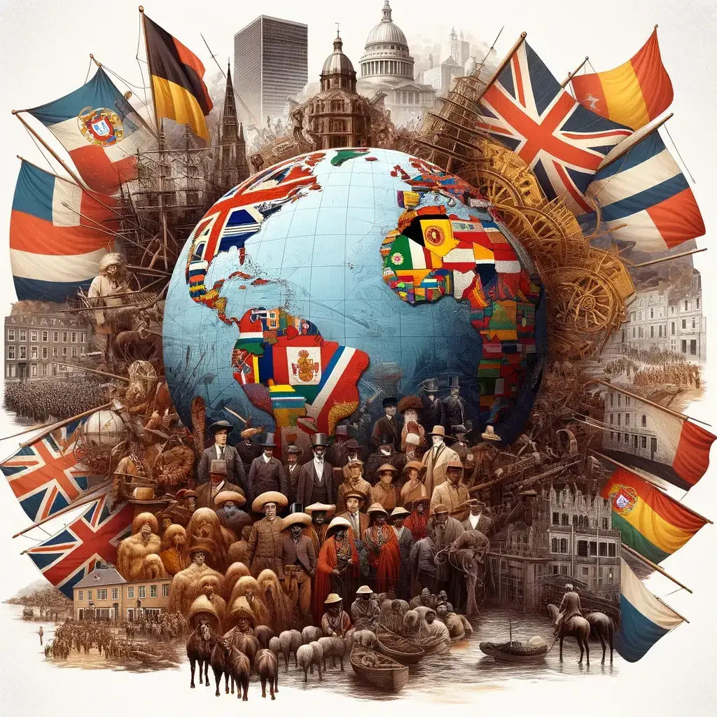 A globe adorned with flags from various colonial empires, surrounded by historical scenes, structures, and figures representing different eras and regions of colonialism. Diverse people, animals, and colonial artifacts illustrate the global impact of colonial rule.