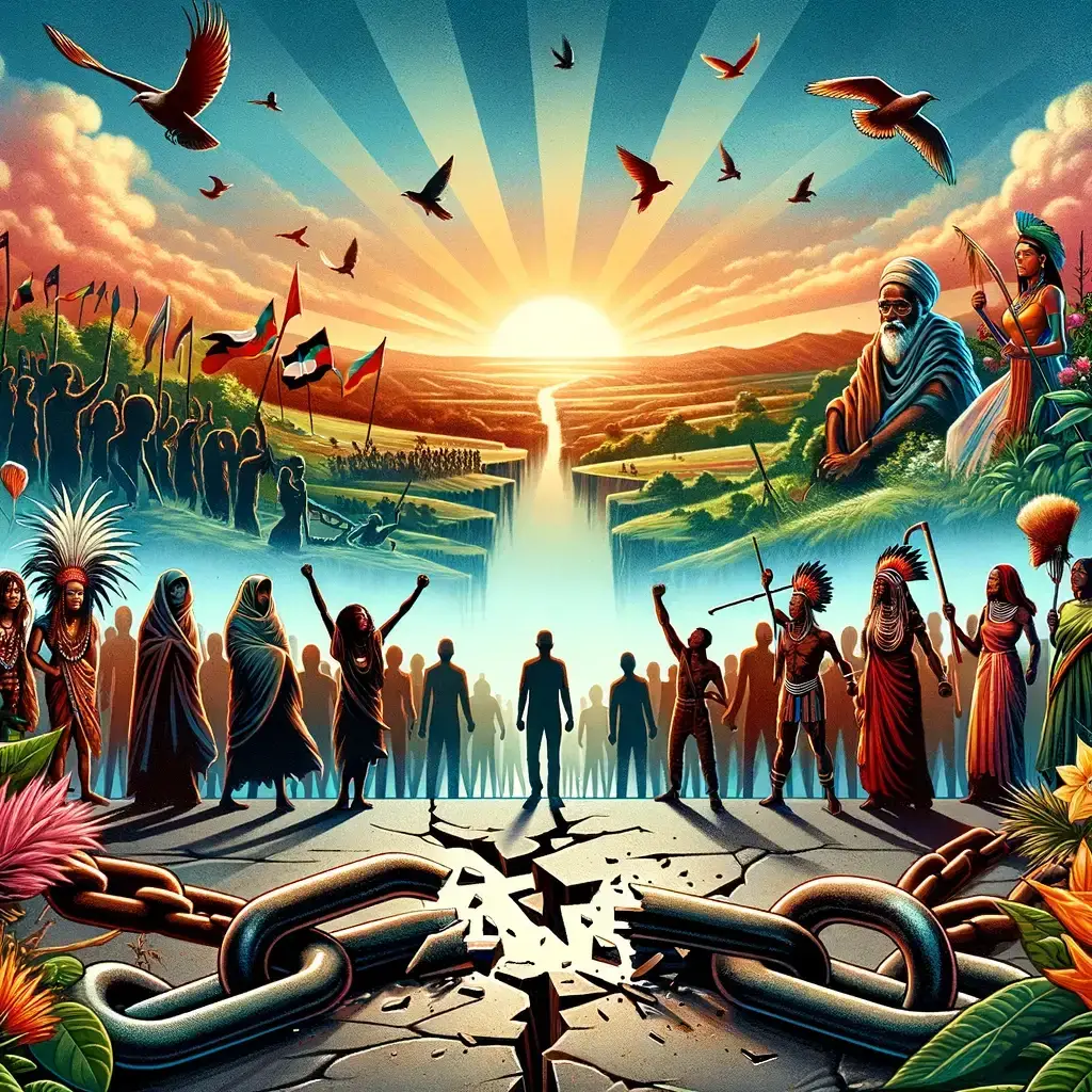 Symbolic artwork depicting decolonization, featuring diverse cultural groups standing together with broken chains, a rising sun, and flags symbolizing liberation. Birds fly toward the dawn, representing freedom and hope.