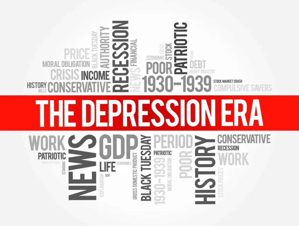 A word cloud centered around "The Depression Era" with related terms such as "Recession," "GDP," "History," "Black Tuesday," "1930-1939," "Crisis," and "Stock Market Crash" during the Great Depression