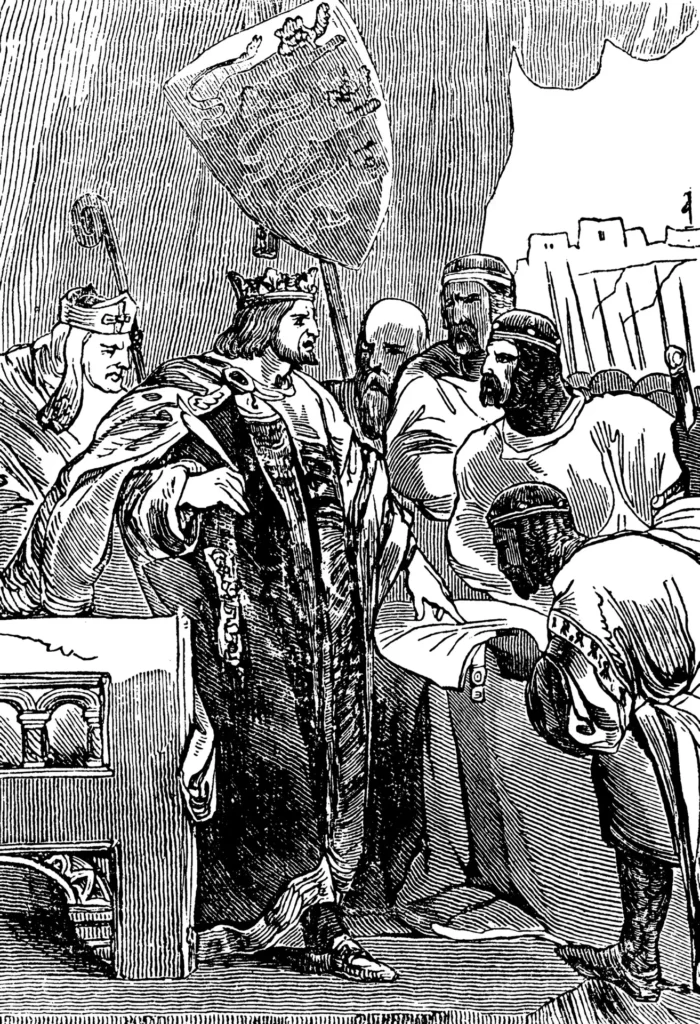 A historical illustration of King John of England signing the Magna Carta, surrounded by noblemen and officials, with a shield bearing a royal coat of arms in the background.