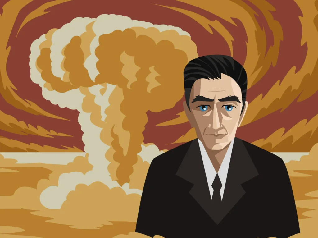 An artistic depiction of a man in a suit, representing a key figure from the Manhattan Project, with a large mushroom cloud from an atomic explosion in the background.