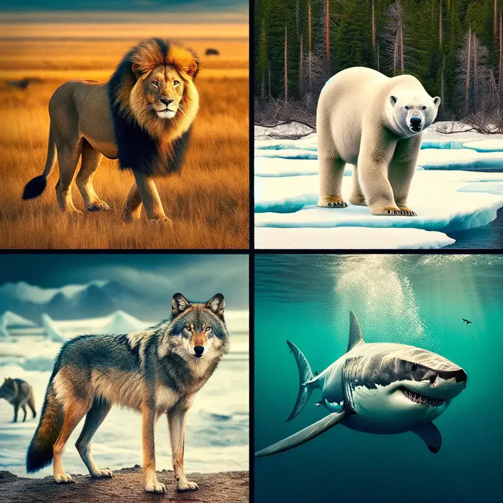 A collage of four carnivorous animals in their natural habitats: a lion in a savanna, a polar bear on Arctic ice, a wolf in a snowy landscape, and a great white shark underwater.