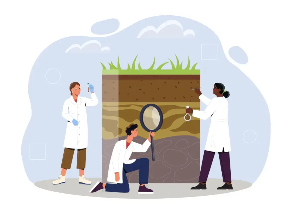 Scientists in lab coats examining soil layers, with one holding a test tube, another using a magnifying glass, and another holding a flask.