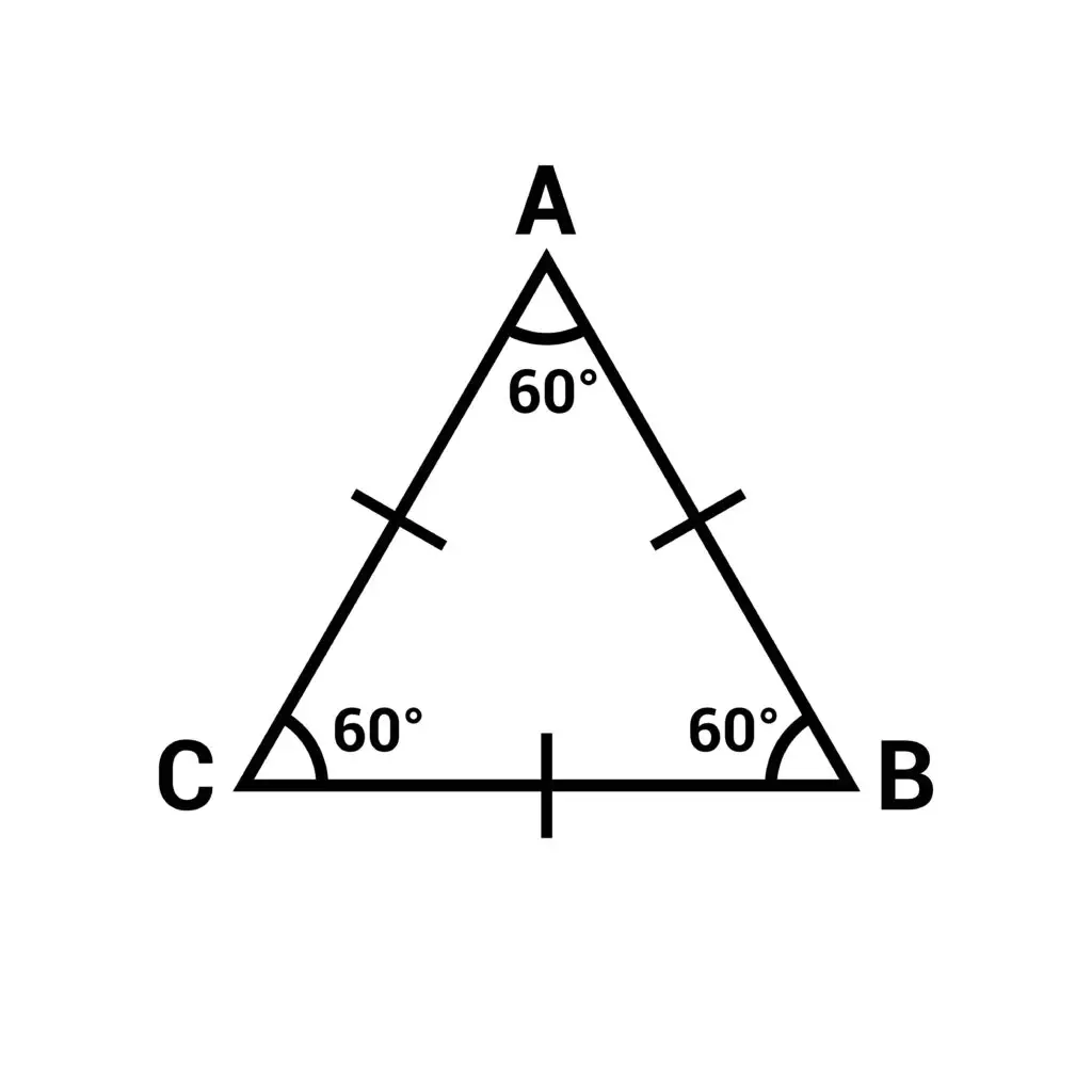 A diagram of an equilateral triangle labeled with vertices A, B, and C, with each angle measuring 60 degrees and all sides marked as equal.