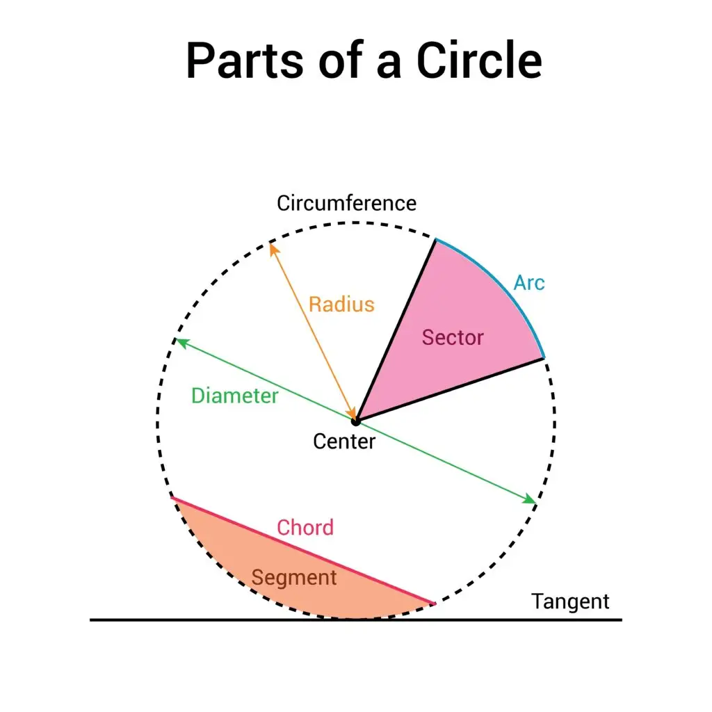 Diagram of a circle with labeled parts including radius, diameter, circumference, chord, segment, sector, arc, center, and tangent.