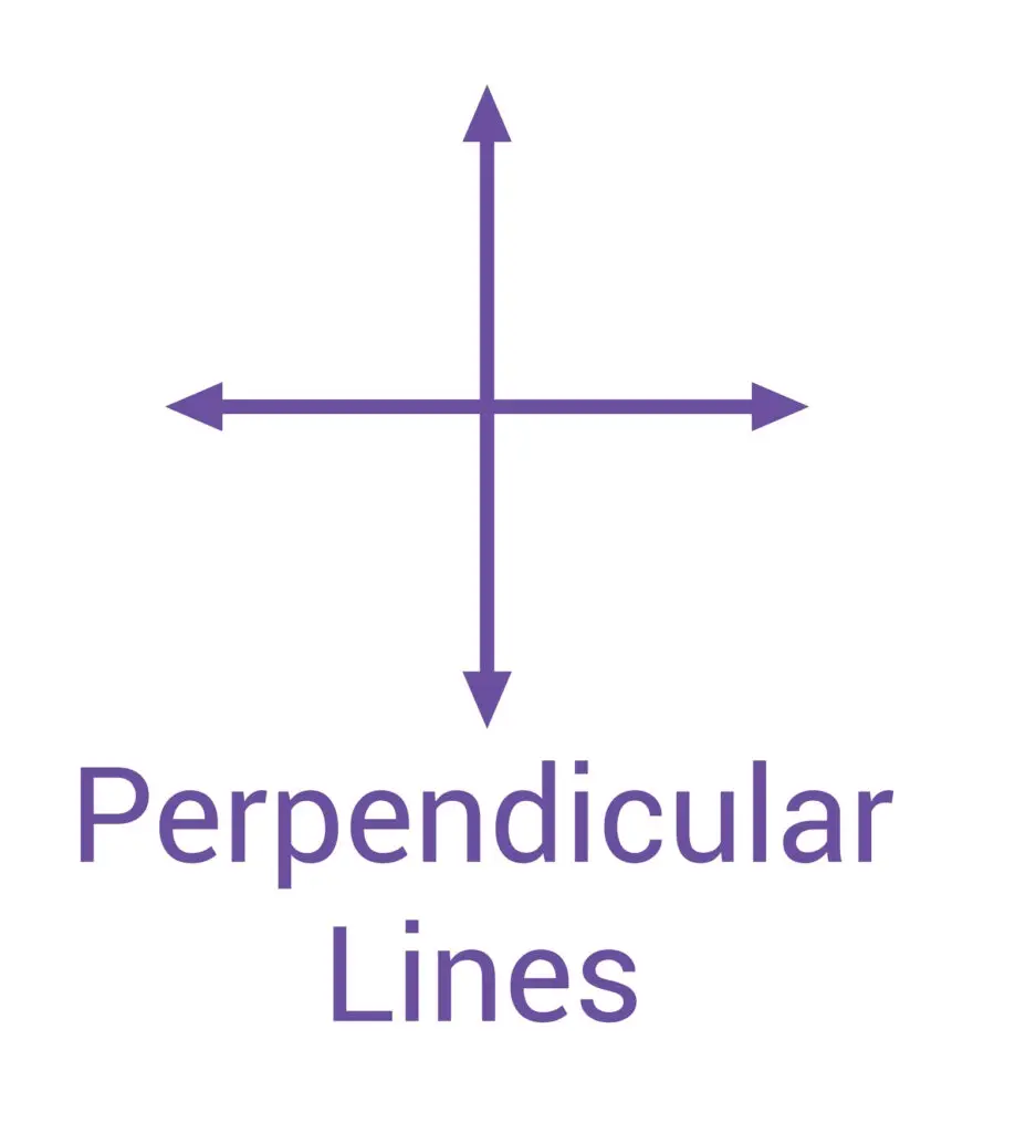 Purple perpendicular lines intersecting at a right angle, with arrows at the ends of each line, labeled "Perpendicular Lines."