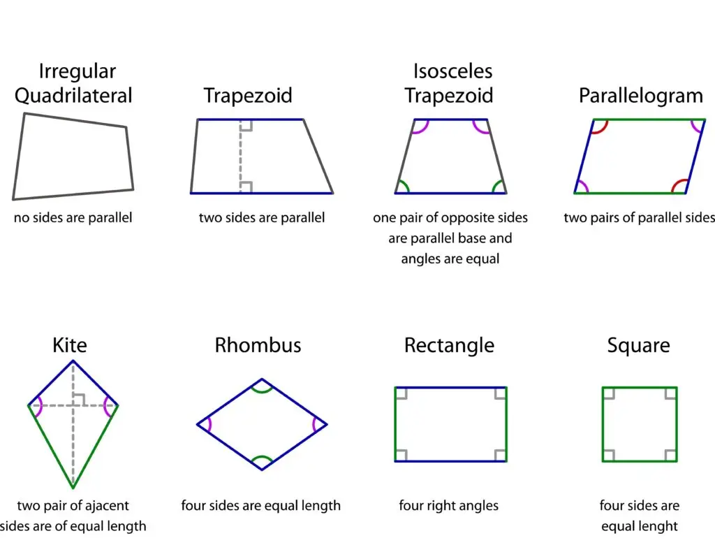 An illustration showing various types of quadrilaterals, including irregular quadrilateral, trapezoid, isosceles trapezoid, parallelogram, kite, rhombus, rectangle, and square, each with their defining characteristics.