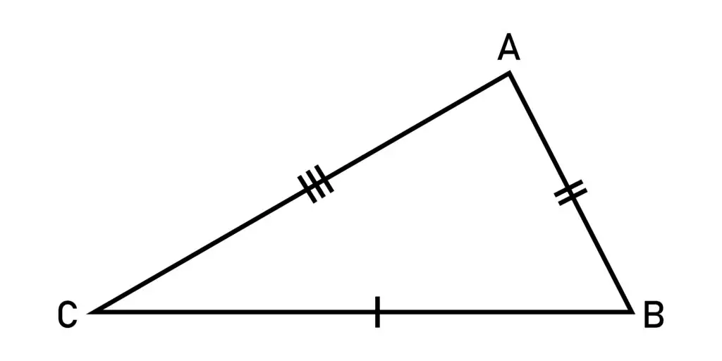 A scalene triangle labeled with vertices A, B, and C, where all sides and angles are of different measurements.