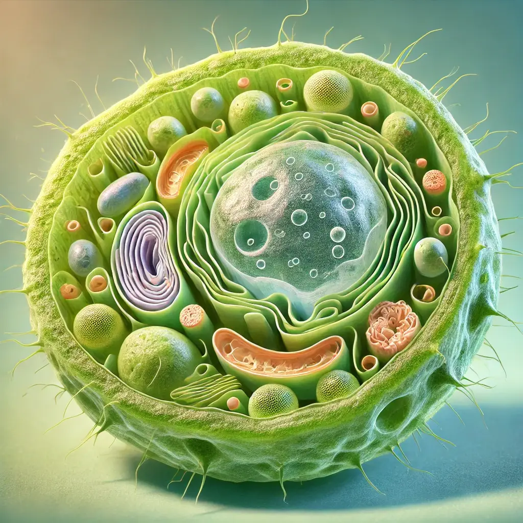 A detailed cross-sectional illustration of a plant cell showing its organelles, including a prominent vacuole in the center. The vacuole is surrounded by other organelles such as chloroplasts, mitochondria, and the endoplasmic reticulum, emphasizing its role in storage and maintaining cell structure.