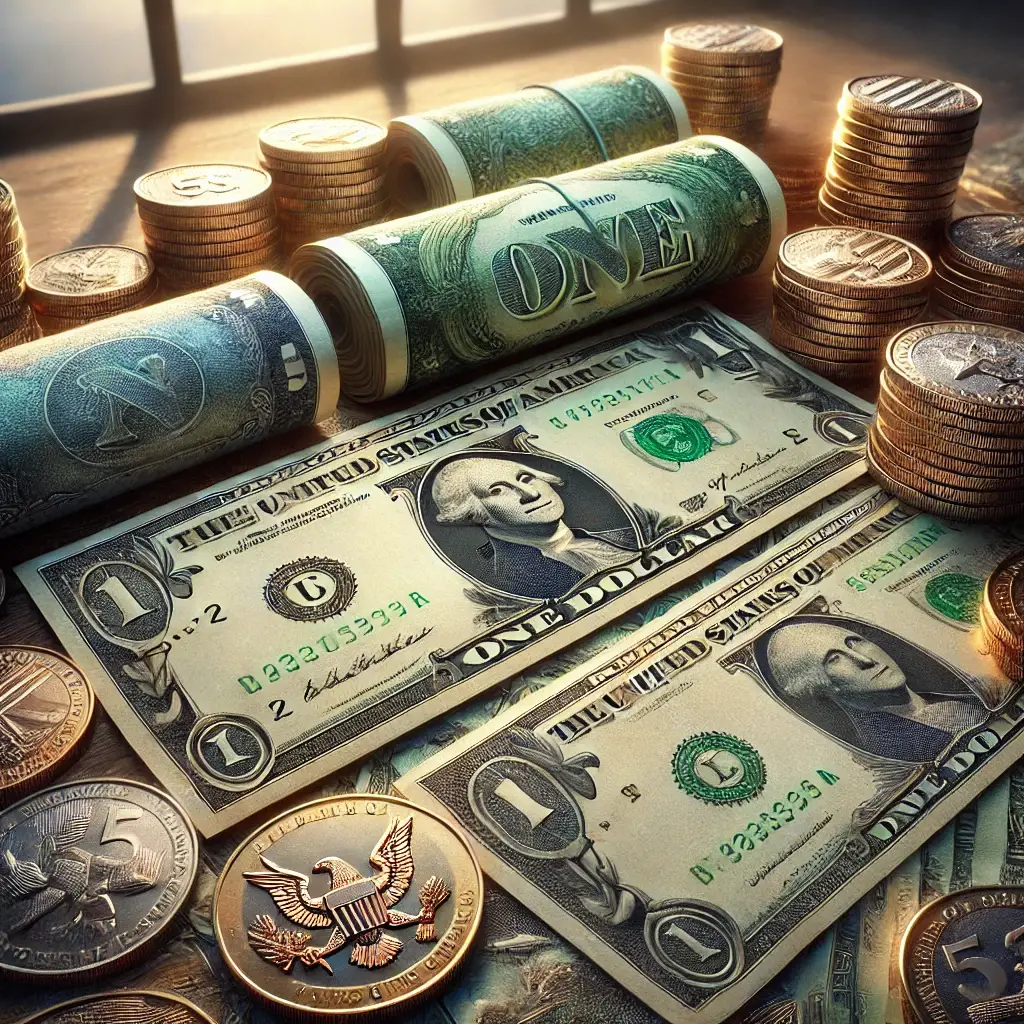 A close-up image of U.S. currency, including rolled and flat one-dollar bills alongside stacks of coins in various denominations, illuminated by warm sunlight.