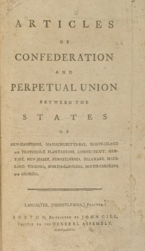 Image of the title page of the Articles of Confederation listing the original states of the union.