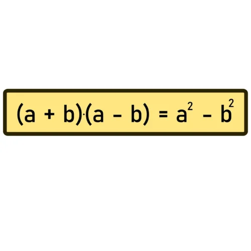 A mathematical equation on a yellow background that shows the product of a binomial sum and a binomial difference equaling the difference of two squares.