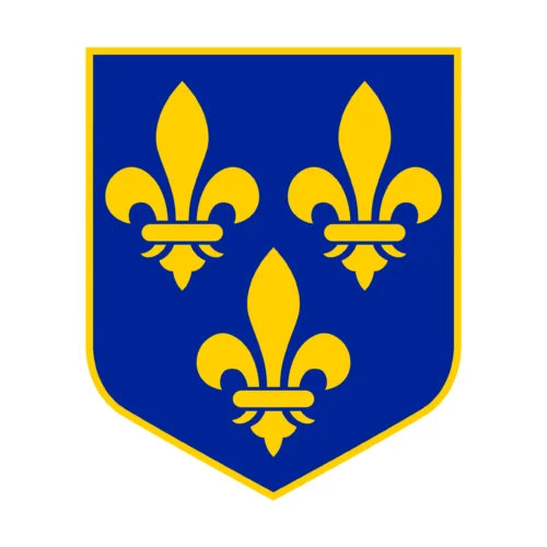 A heraldic shield with a blue field featuring three gold fleur-de-lis, a symbol of French royalty and the Bourbon Dynasty.