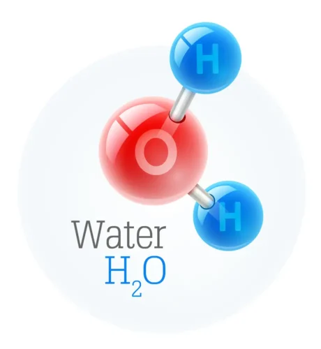 Illustration of a water molecule with one large red oxygen atom and two smaller blue hydrogen atoms, labeled "H₂O".